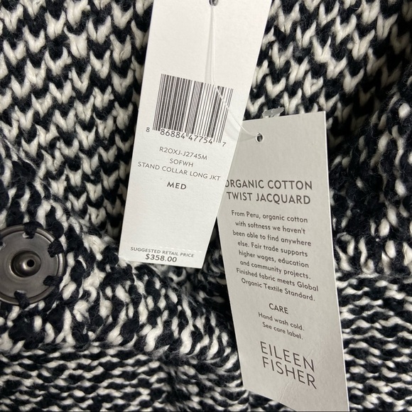 NWT Eileen Fisher Sz Medium Stand Collar Long Jacket Cotton Chunky Sweater $358 - Picture 5 of 6